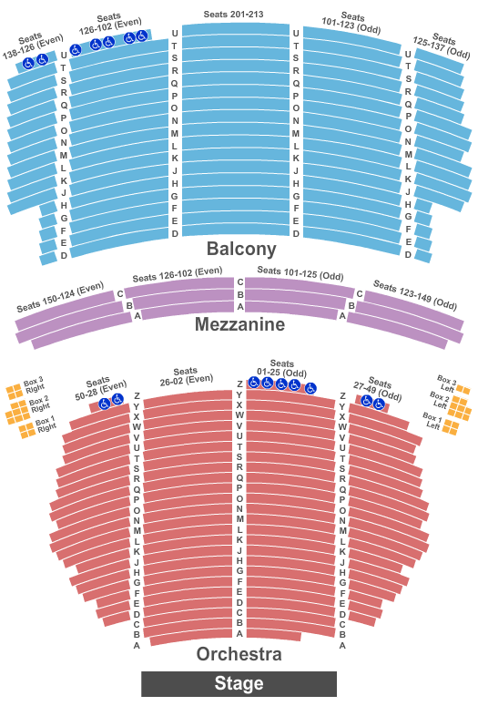 Reserved seating chart for Orpheum Theatre: orchestra, boxes, mezzanine, and balcony
